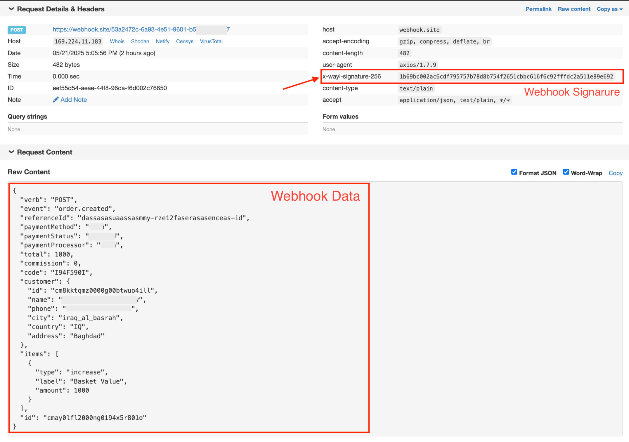 Webhook inspector: POST with x-wayl-signature-256 and JSON body.